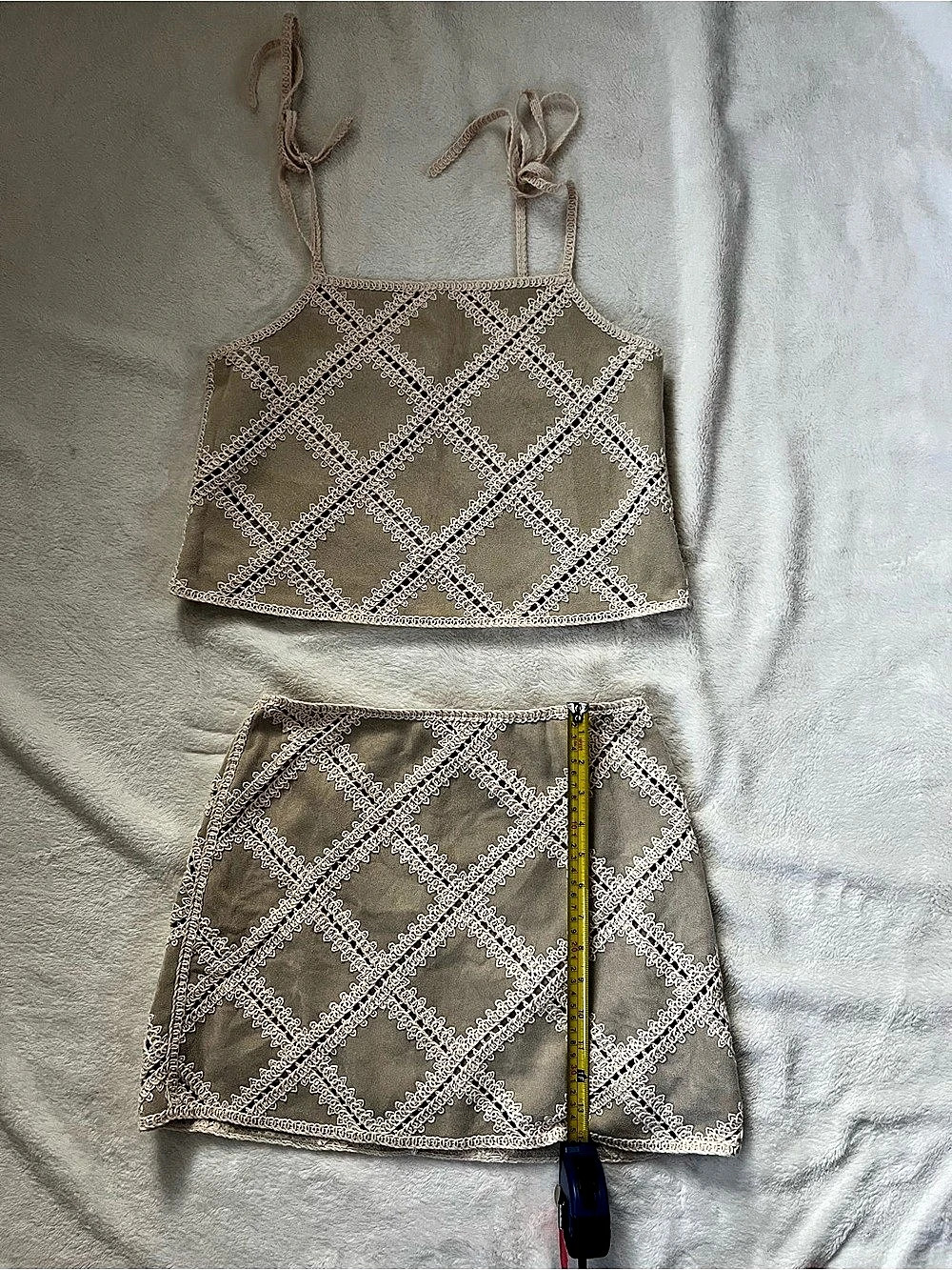 Zara Patchwork Strappy Top Geometric Set in Beige Size Small, Skirt Med